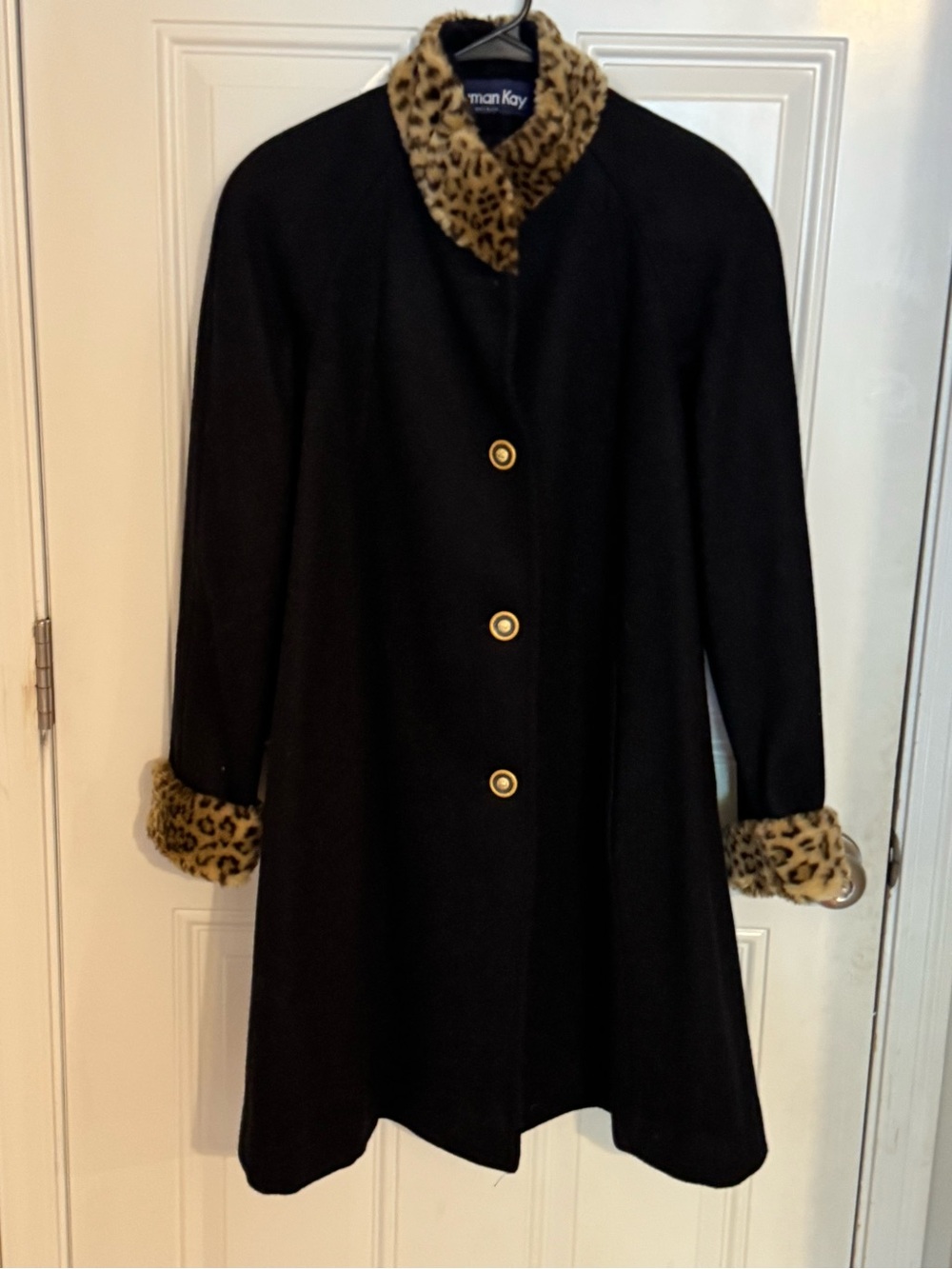 Vtg Herman Kay Boucle Wool Blend Coat Faux Fur Collar Classic Mob Wife Medium